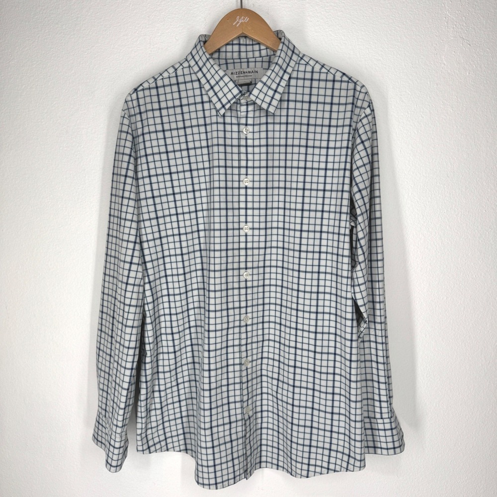 Mizzen‎ Main Mens Large Trim Fit Performance Dress Shirt Navy White Windowpane